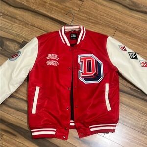 Zara Red and White Letterman Jacket